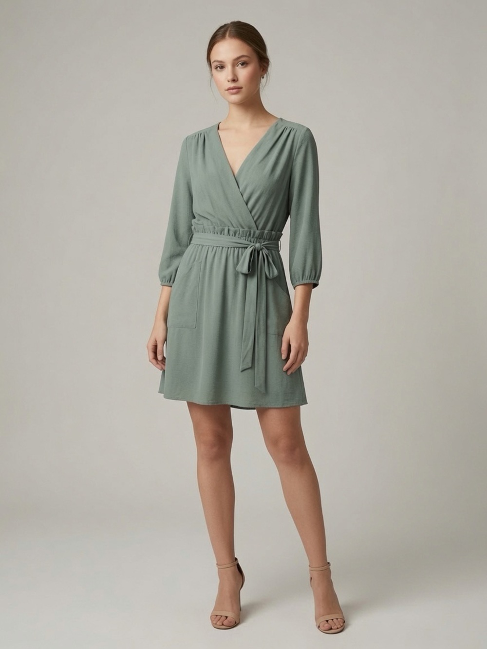 Monteau Sage Green Wrap Dress with Tie Waist